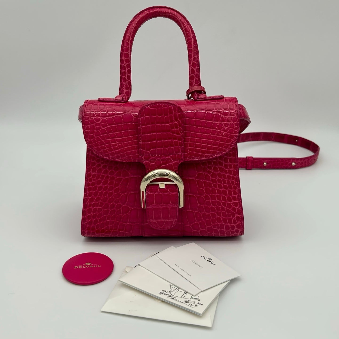 Delvaux Brilliant Mini Crocodile Leather Handbag Rose Pink 20 cm