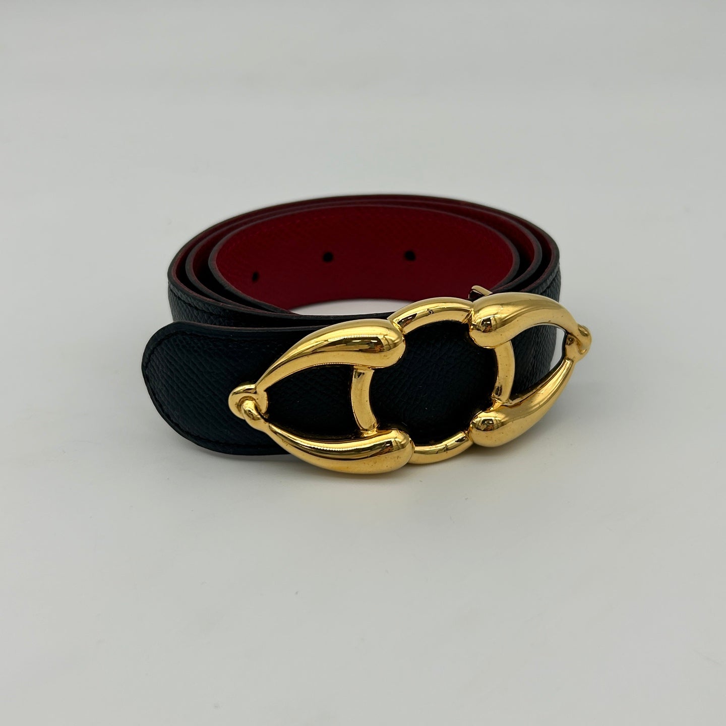 【HERMES】Vintage 1976 leather belt (GOLD) Gold Buckle Hermes Black Buckle Hermès Vintage Black Leather