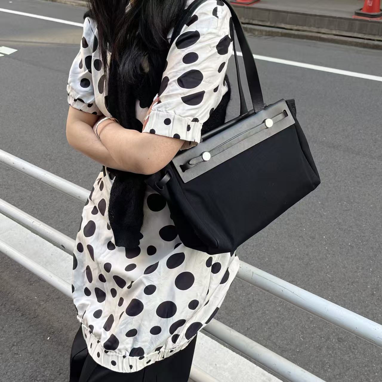 Hermès Herbag Cabas Black / Dark Blue Canvas × Leather Tote Bag Palladium  [Used]
