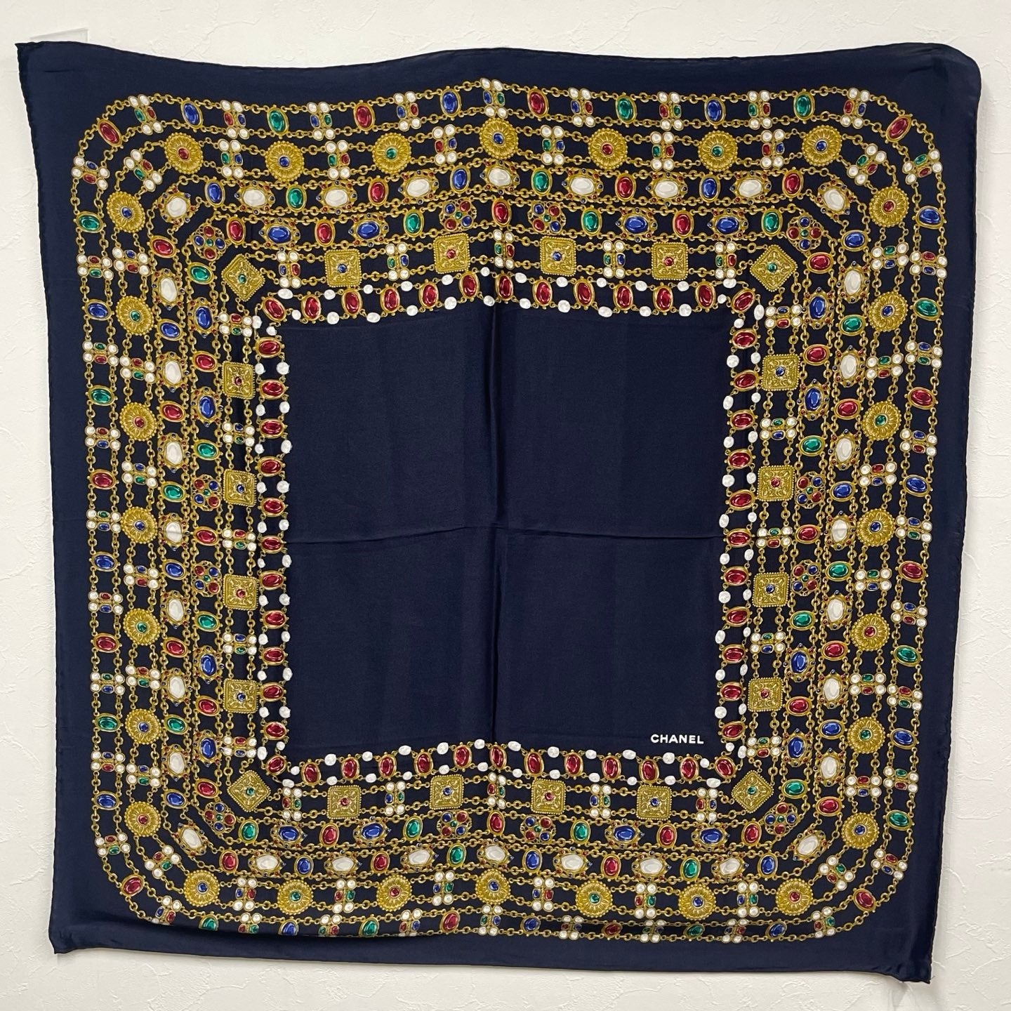 Chanel Navy Silk Scarf with Chain and Gem Motif[Used]