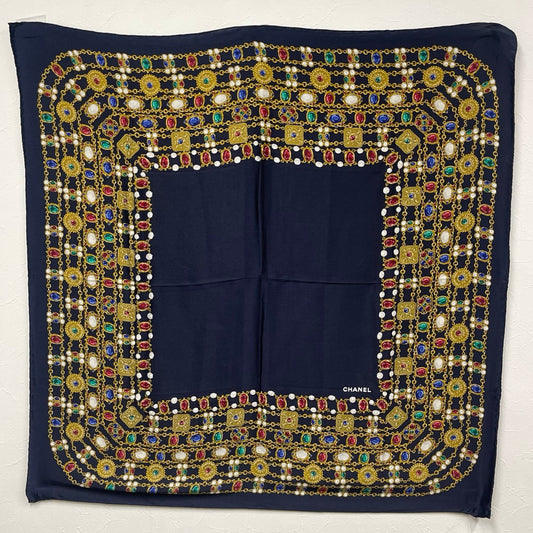 Chanel Navy Silk Scarf with Chain and Gem Motif[Used]