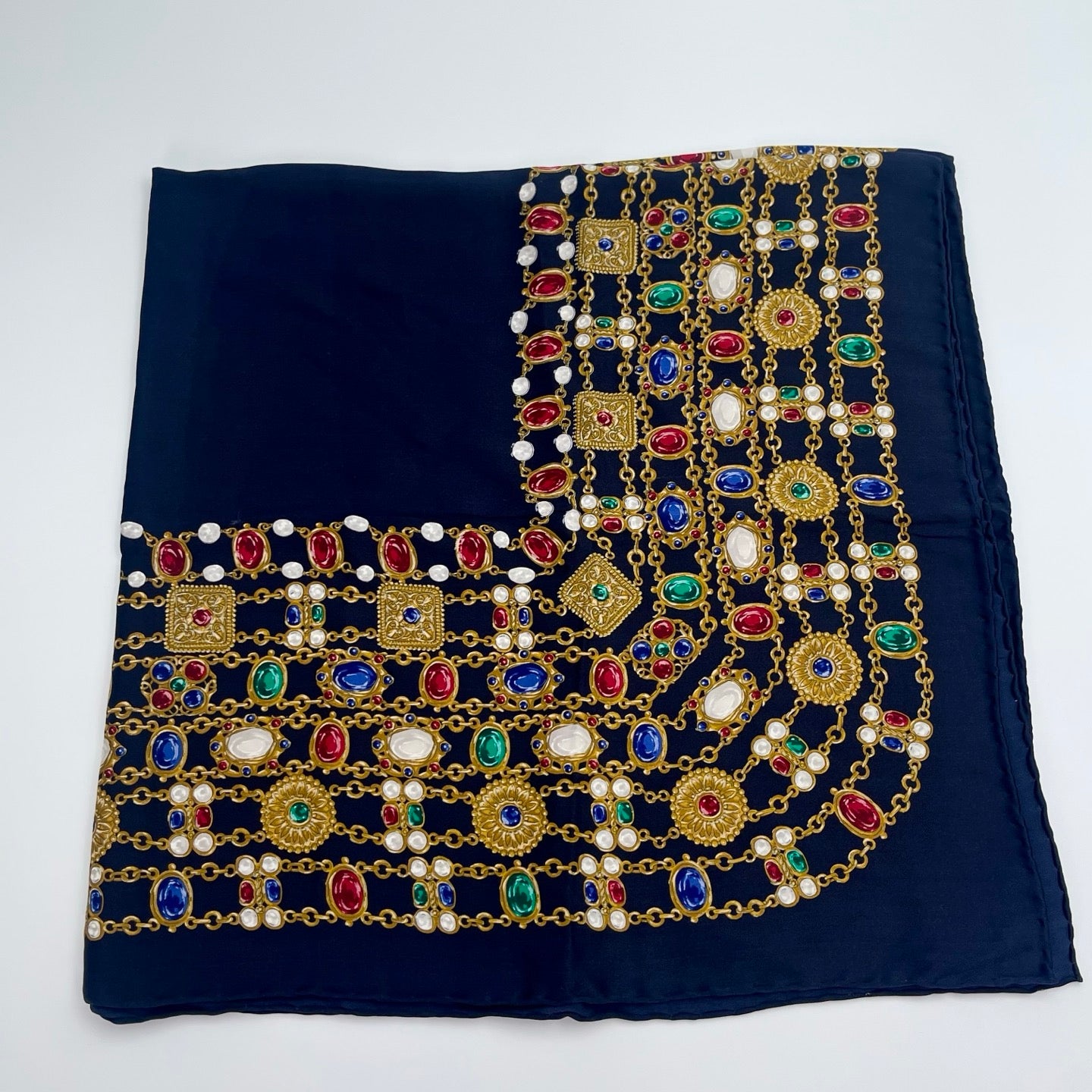Chanel Navy Silk Scarf with Chain and Gem Motif[Used]