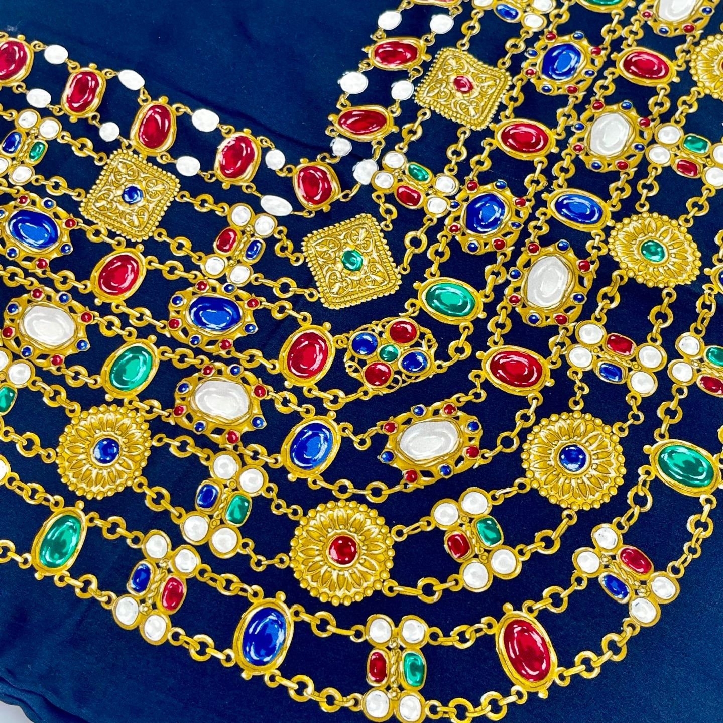 Chanel Navy Silk Scarf with Chain and Gem Motif[Used]