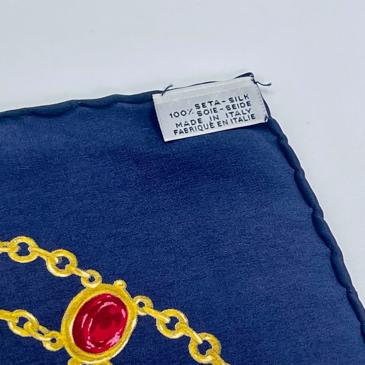 Chanel Navy Silk Scarf with Chain and Gem Motif[Used]