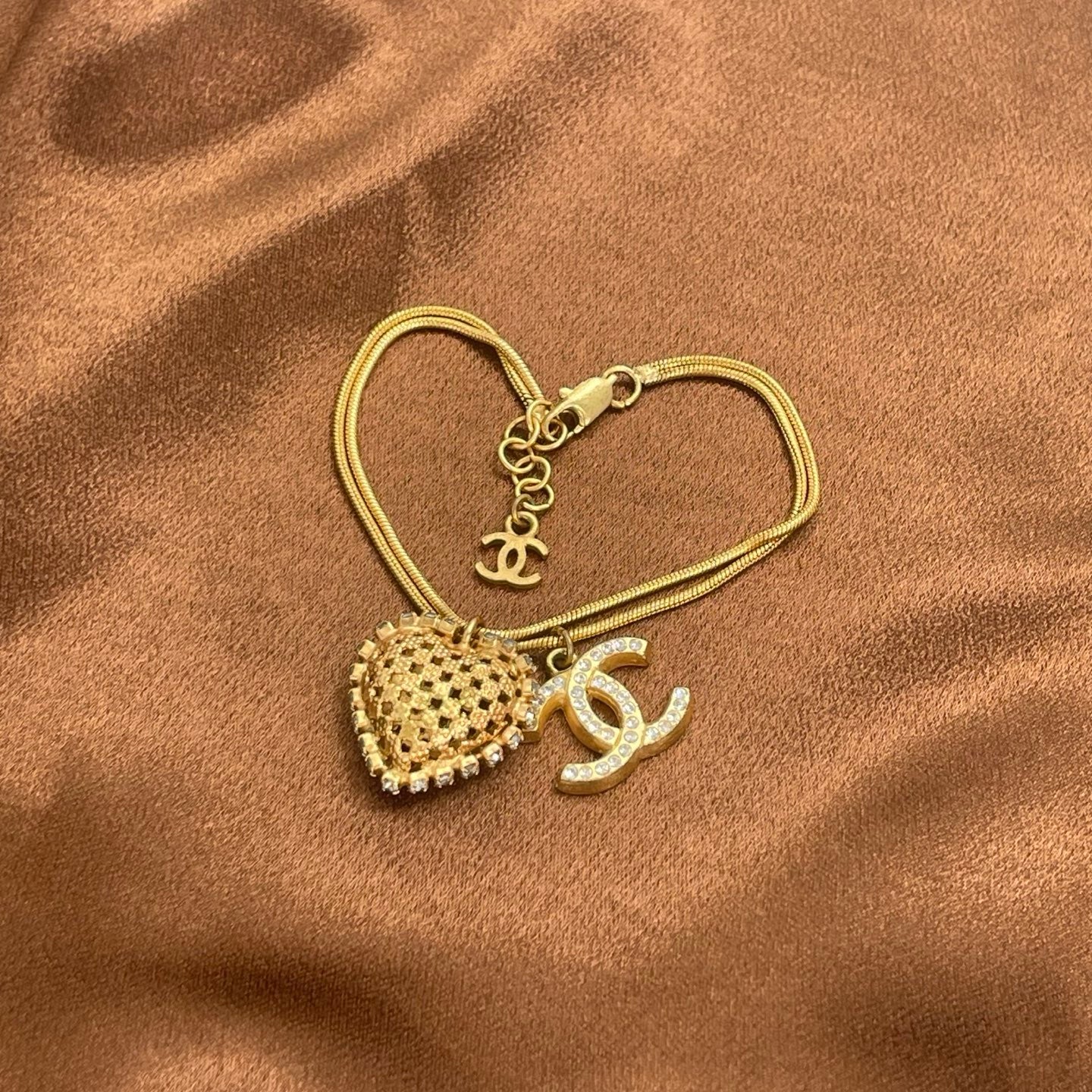 Chanel Double Chain Heart Charm Bracelet [Used]