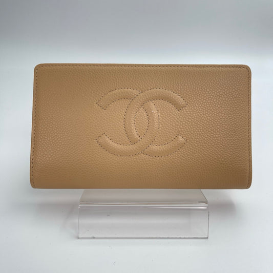 Chanel Coco mark Long Wallet in Light Khaki Caviar Leather [Used]