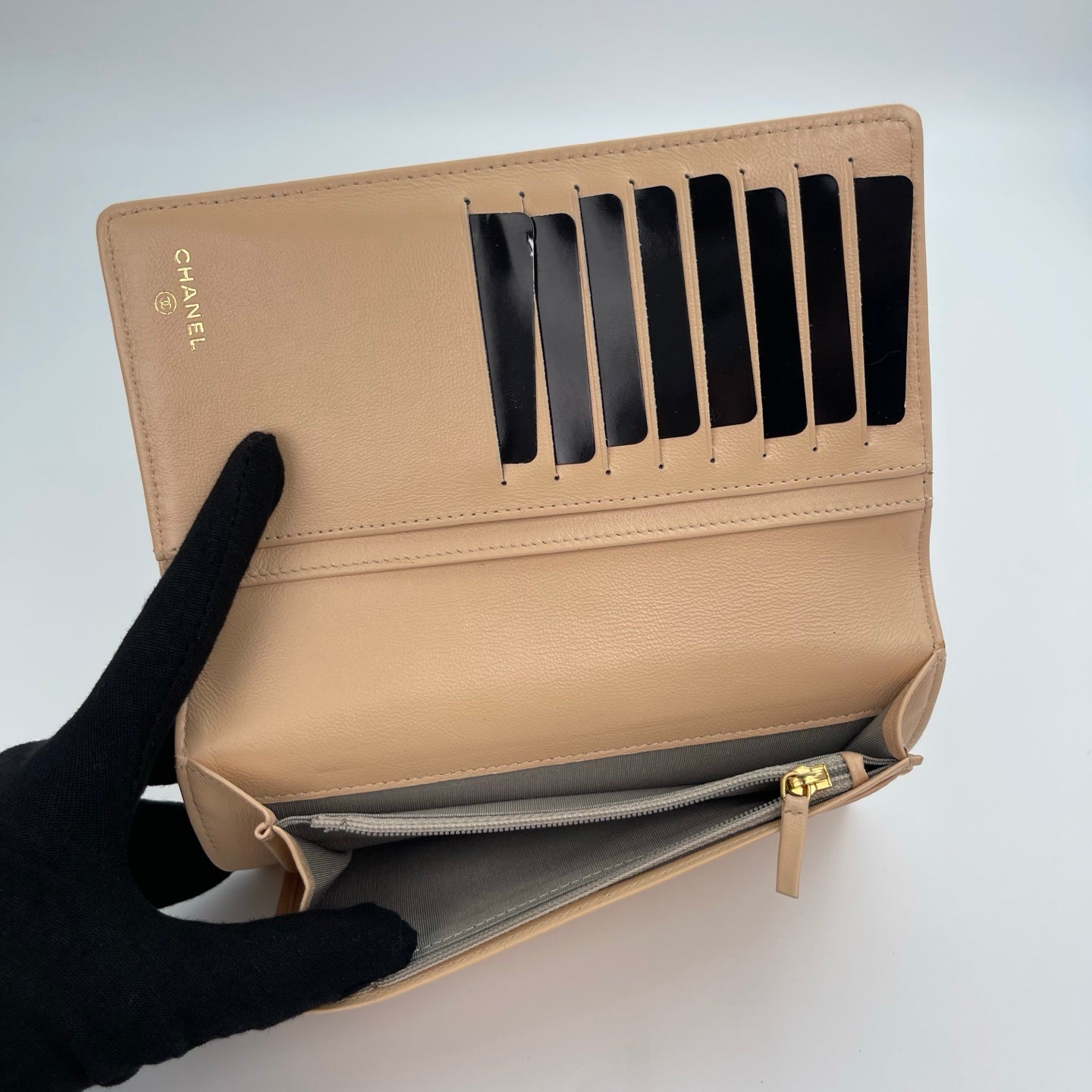 Chanel Coco mark Long Wallet in Light Khaki Caviar Leather [Used]