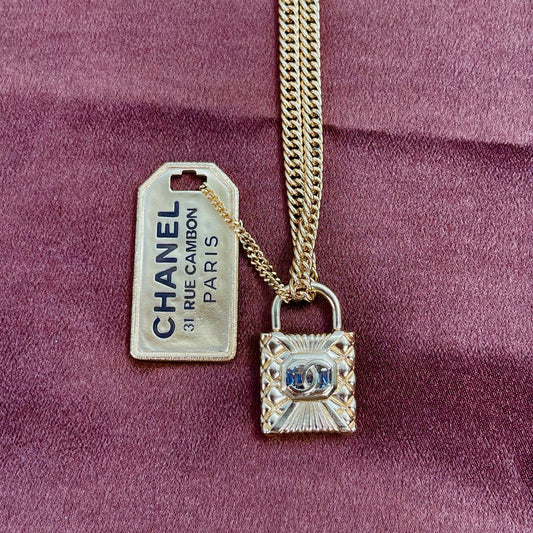 Chanel CC Padlock ID Dog Tag Charm Necklace Gold[Used]