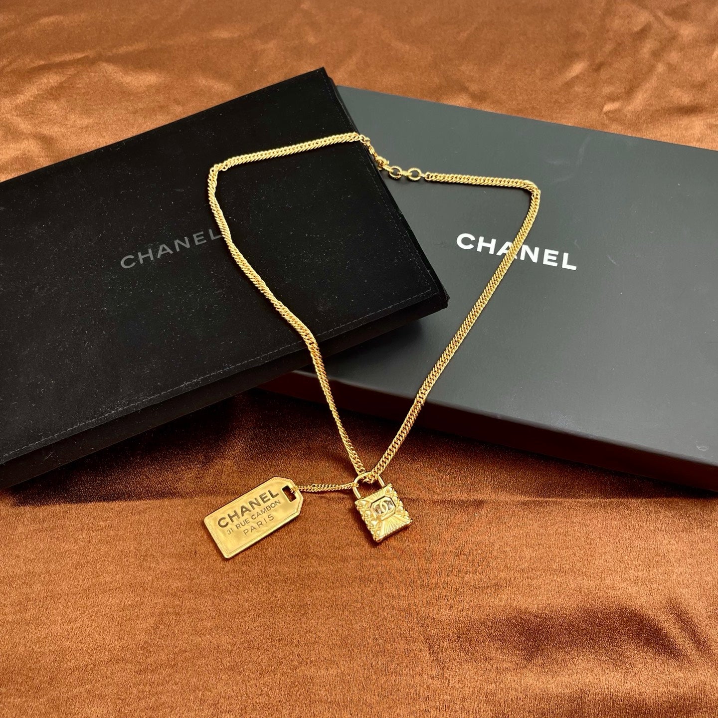 Chanel CC Padlock ID Dog Tag Charm Necklace Gold[Used]