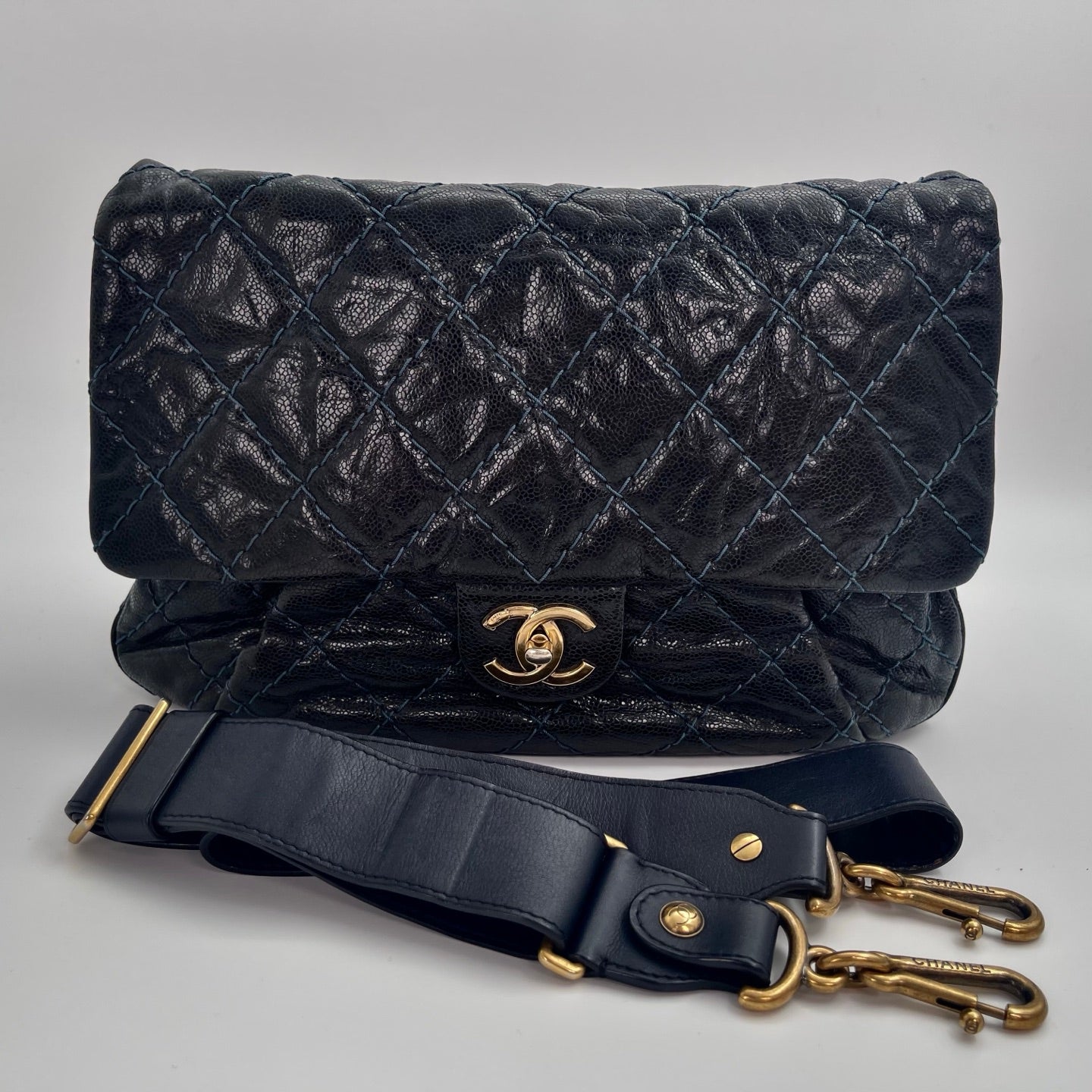 Chanel Bombay Glazed Calfskin 2-Way Tote – Black & Gold with Navy Stitching [Used]