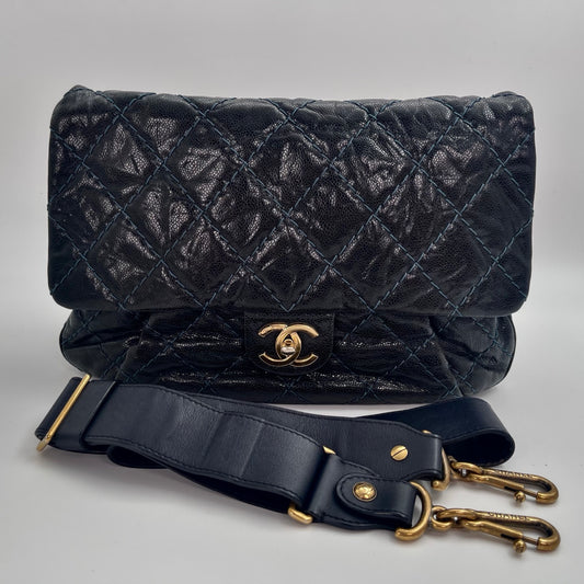 Chanel Bombay Glazed Calfskin 2-Way Tote – Black & Gold with Navy Stitching [Used]