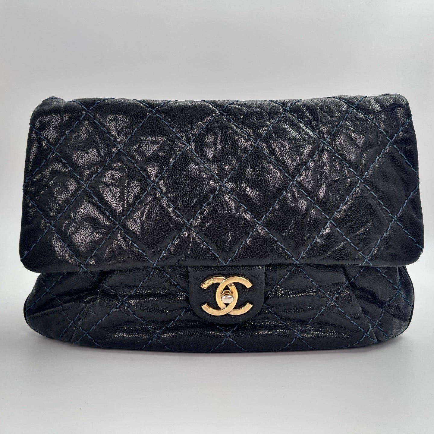 Chanel Bombay Glazed Calfskin 2-Way Tote – Black & Gold with Navy Stitching [Used]