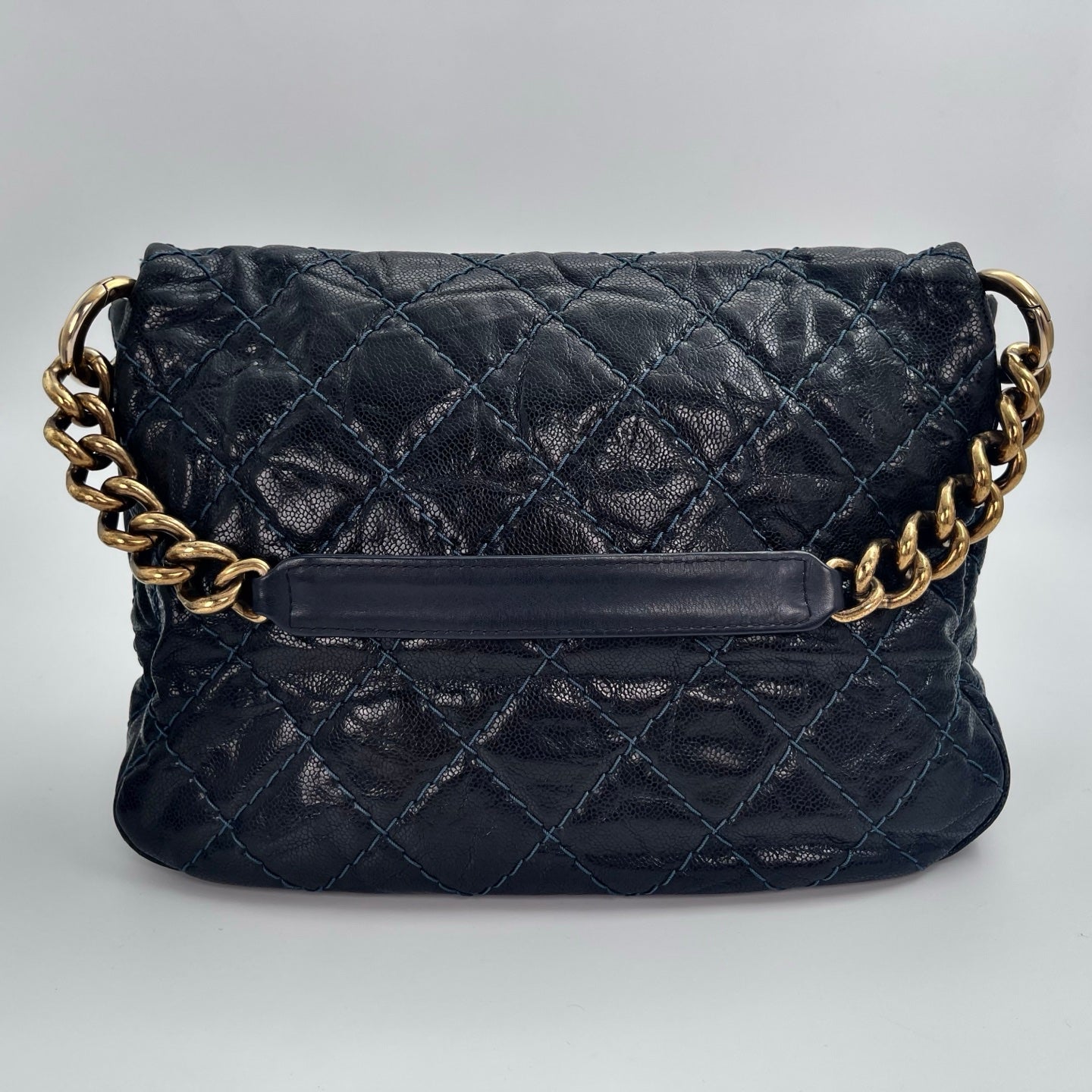 Chanel Bombay Glazed Calfskin 2-Way Tote – Black & Gold with Navy Stitching [Used]