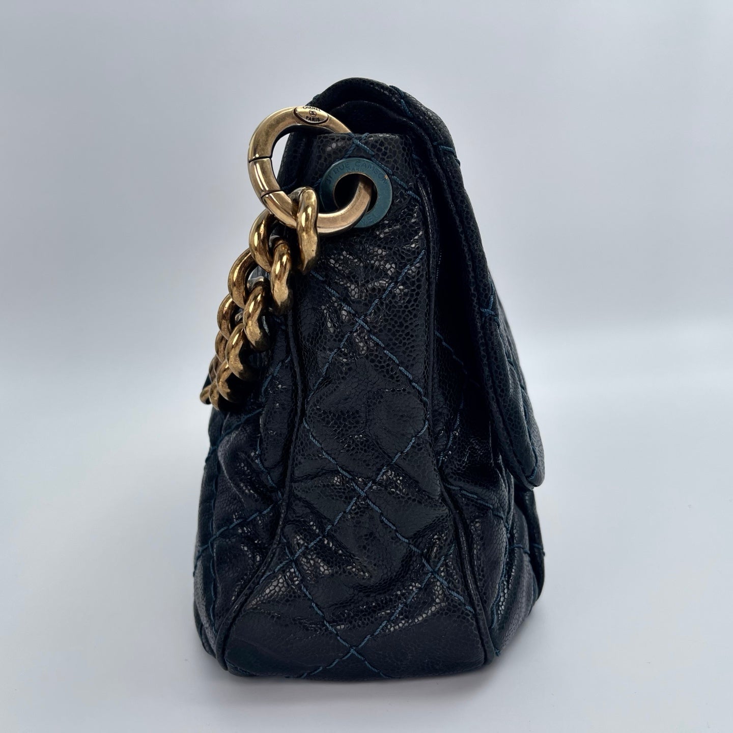 Chanel Bombay Glazed Calfskin 2-Way Tote – Black & Gold with Navy Stitching [Used]