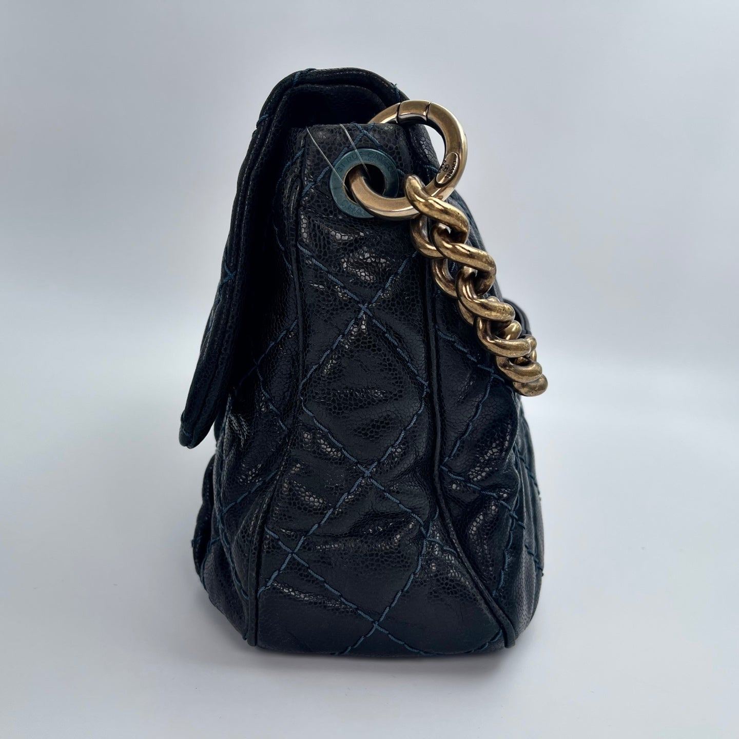 Chanel Bombay Glazed Calfskin 2-Way Tote – Black & Gold with Navy Stitching [Used]