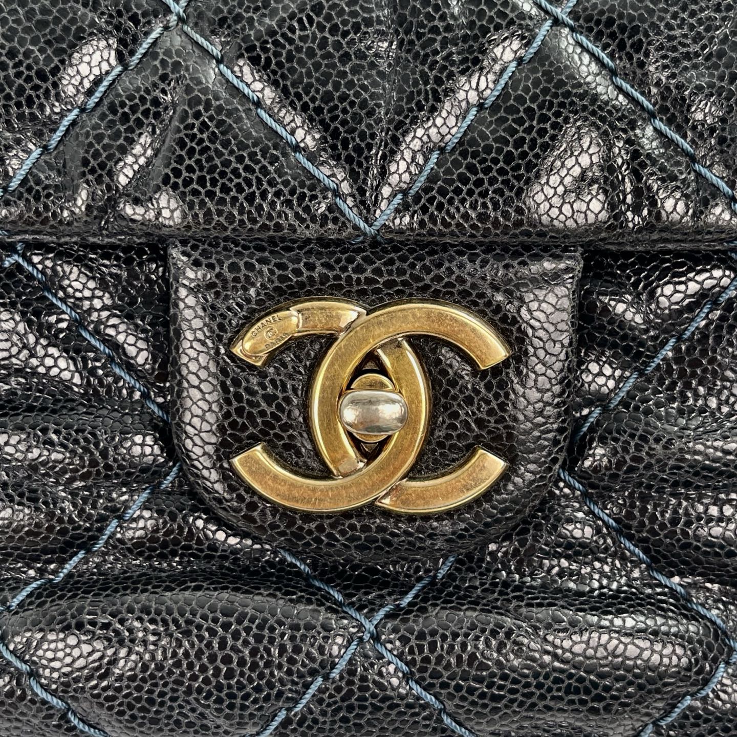 Chanel Bombay Glazed Calfskin 2-Way Tote – Black & Gold with Navy Stitching [Used]