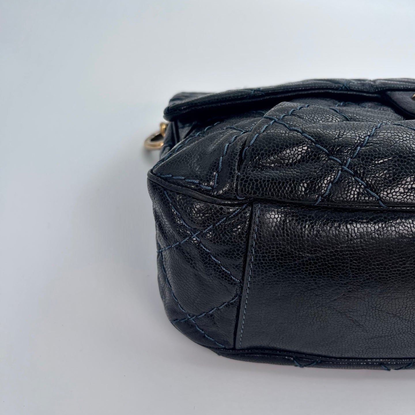 Chanel Bombay Glazed Calfskin 2-Way Tote – Black & Gold with Navy Stitching [Used]