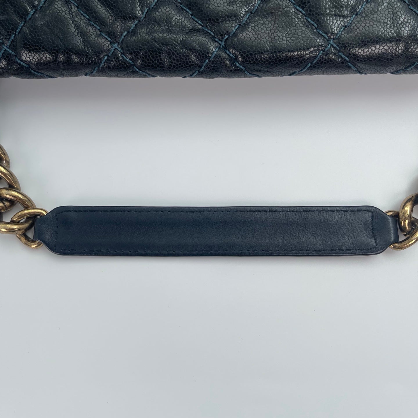 Chanel Bombay Glazed Calfskin 2-Way Tote – Black & Gold with Navy Stitching [Used]