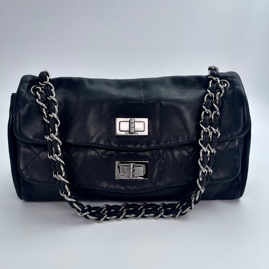 Chanel 2.55 Double Flap Lambskin Chain Bag – Black & Silver [Used]