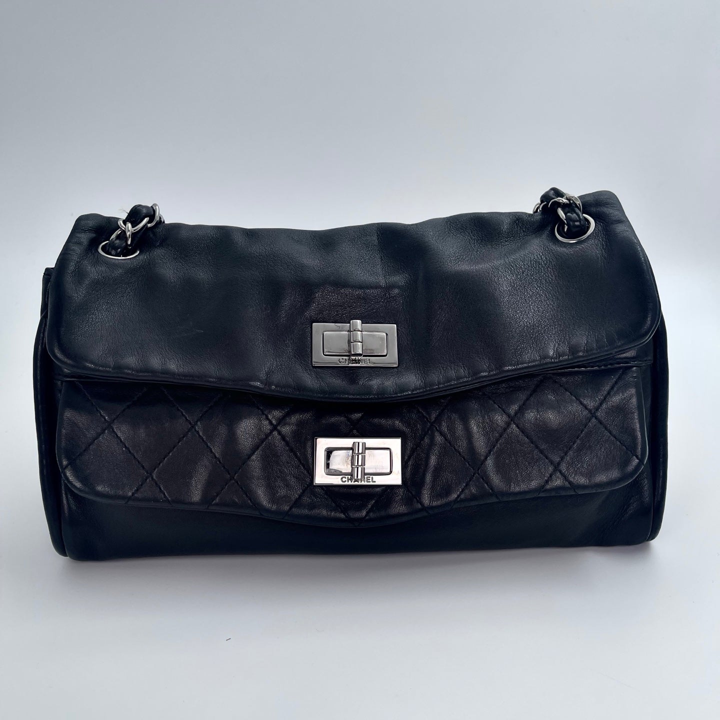 Chanel 2.55 Double Flap Lambskin Chain Bag – Black & Silver [Used]
