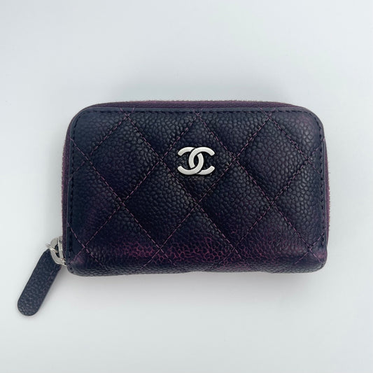 Chanel Distressed Calfskin Zipped Coin & Card Holder – Dark Purple / Silver-tone [Used]