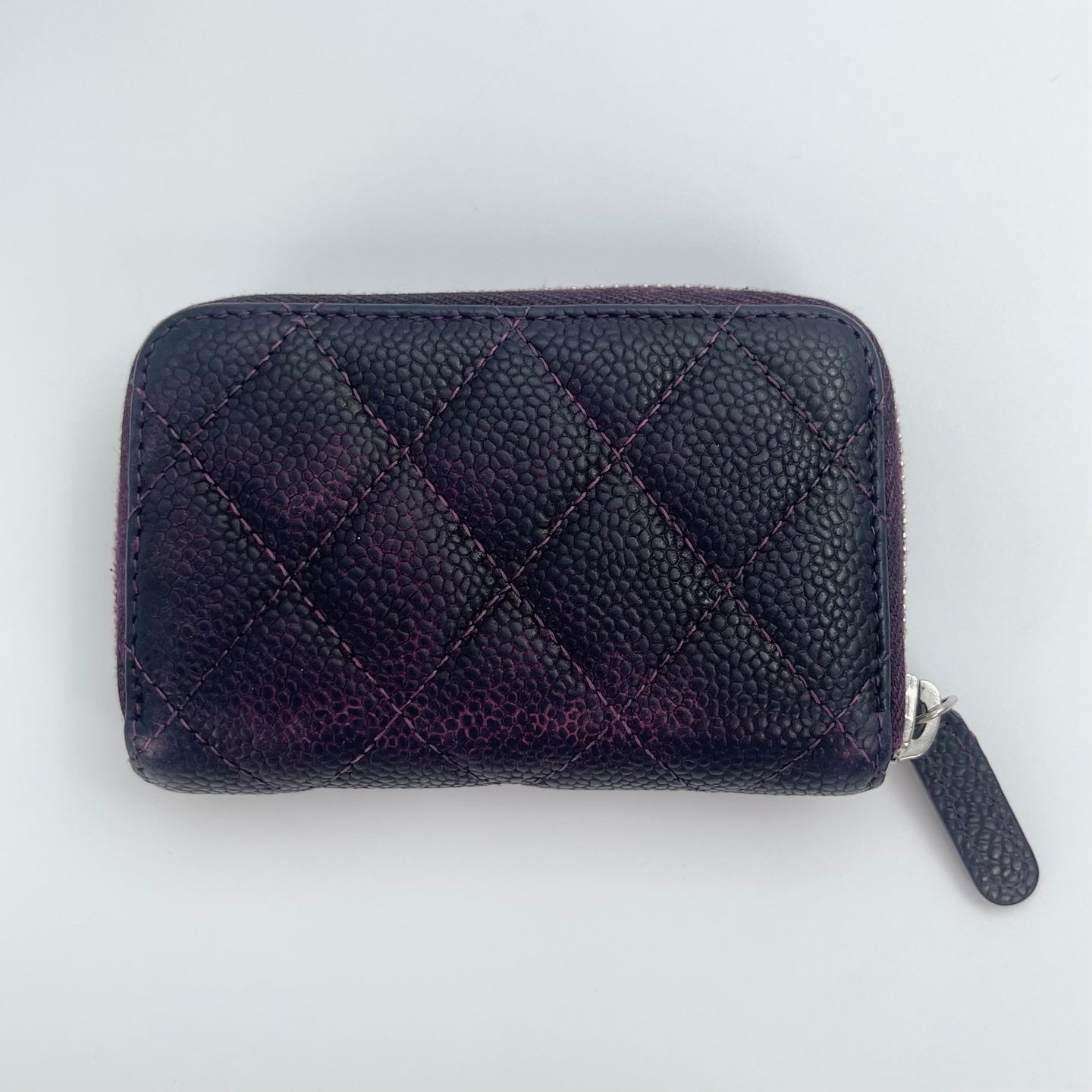 Chanel Distressed Calfskin Zipped Coin & Card Holder – Dark Purple / Silver-tone [Used]