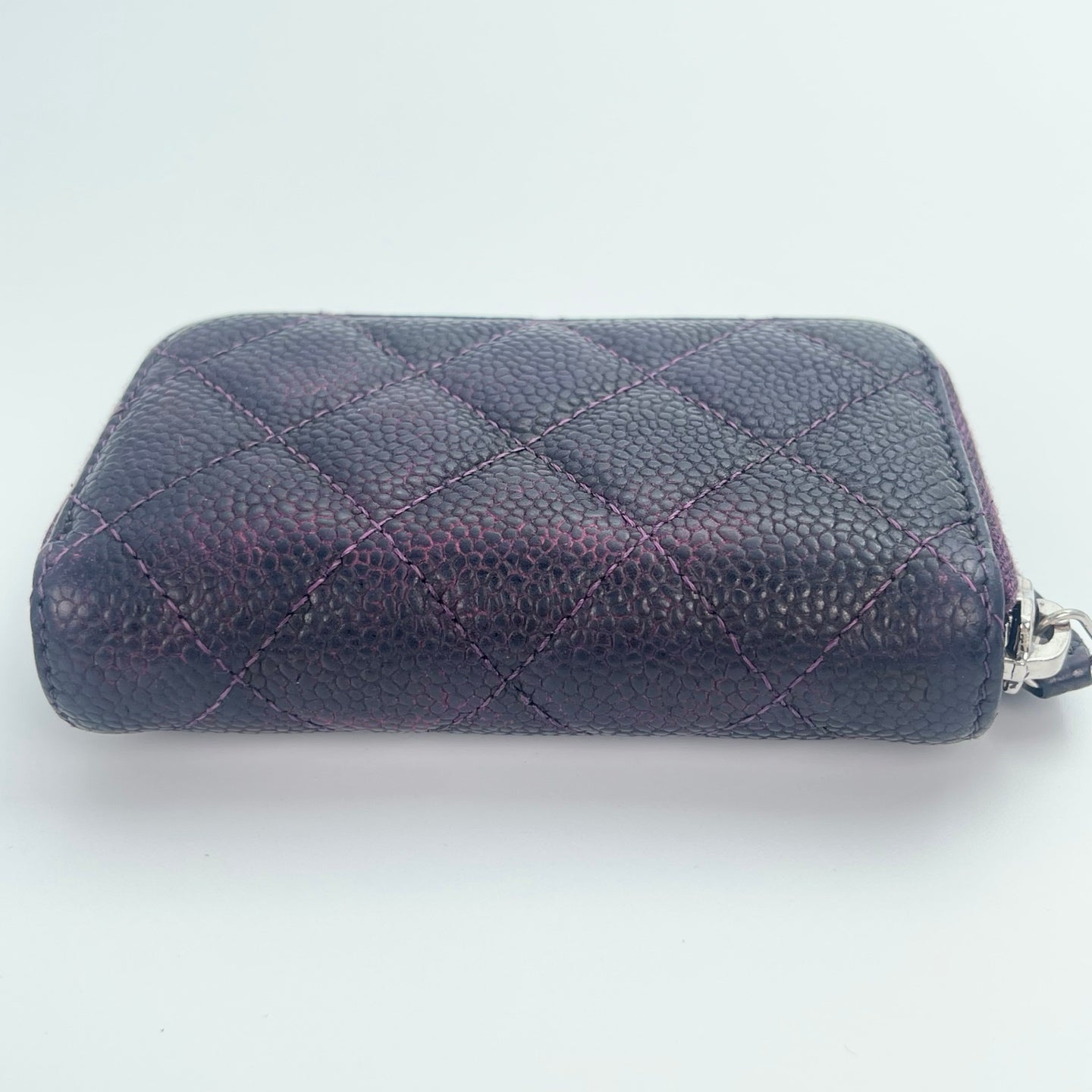 Chanel Distressed Calfskin Zipped Coin & Card Holder – Dark Purple / Silver-tone [Used]