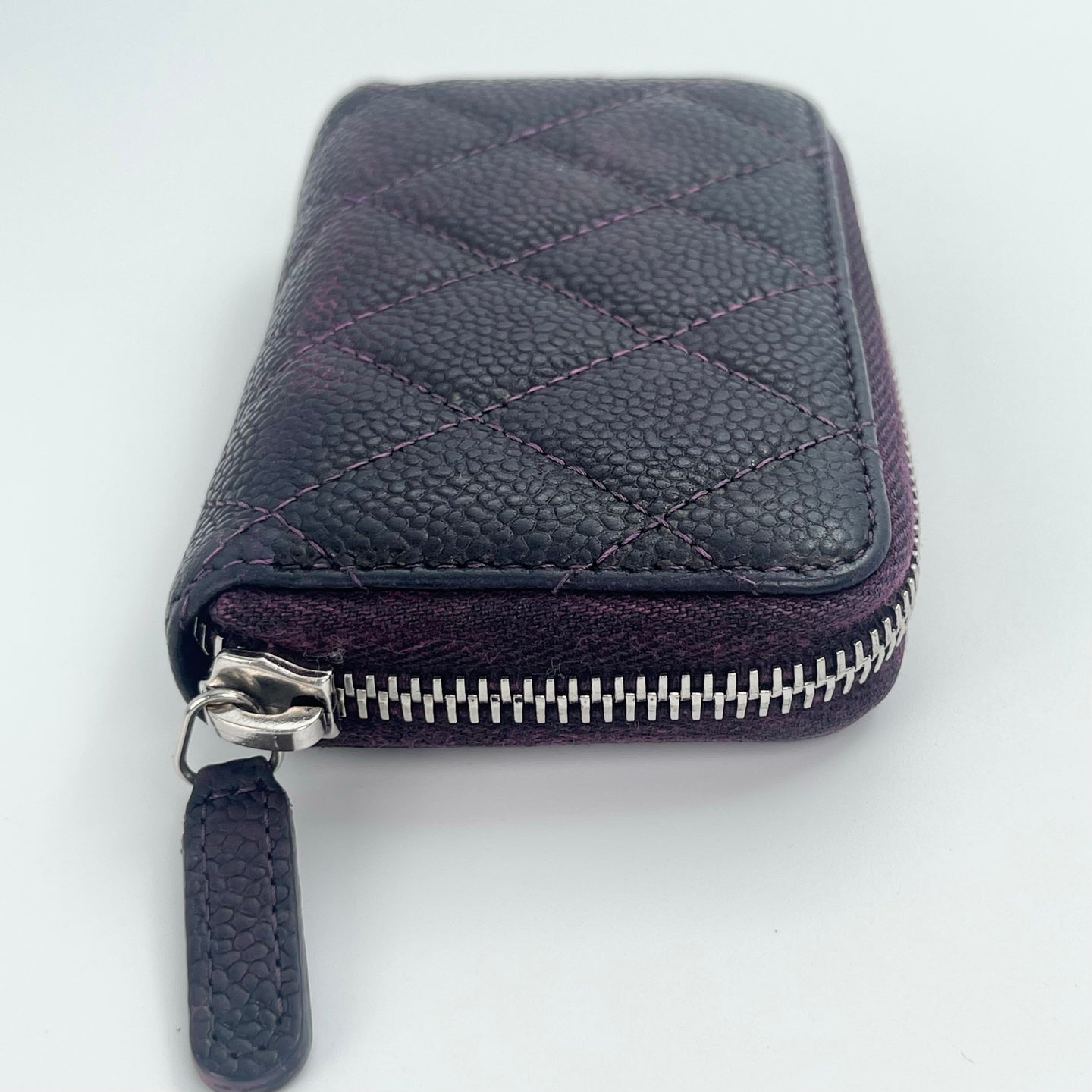 Chanel Distressed Calfskin Zipped Coin & Card Holder – Dark Purple / Silver-tone [Used]