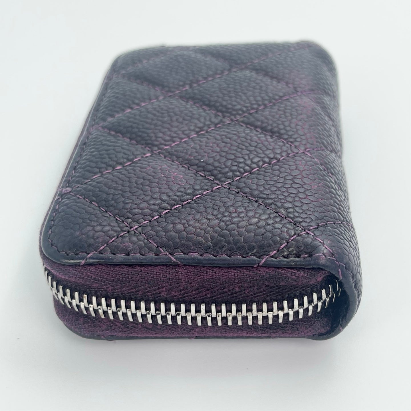 Chanel Distressed Calfskin Zipped Coin & Card Holder – Dark Purple / Silver-tone [Used]