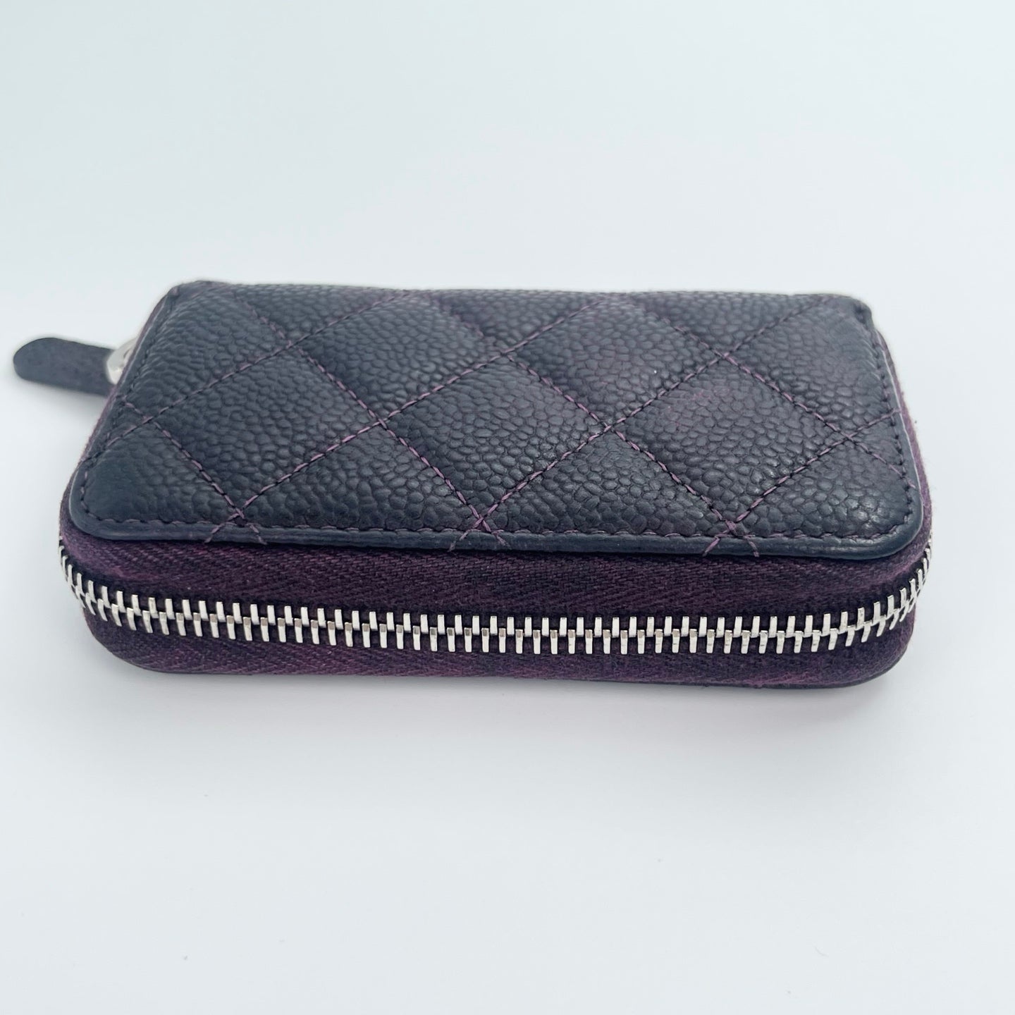 Chanel Distressed Calfskin Zipped Coin & Card Holder – Dark Purple / Silver-tone [Used]