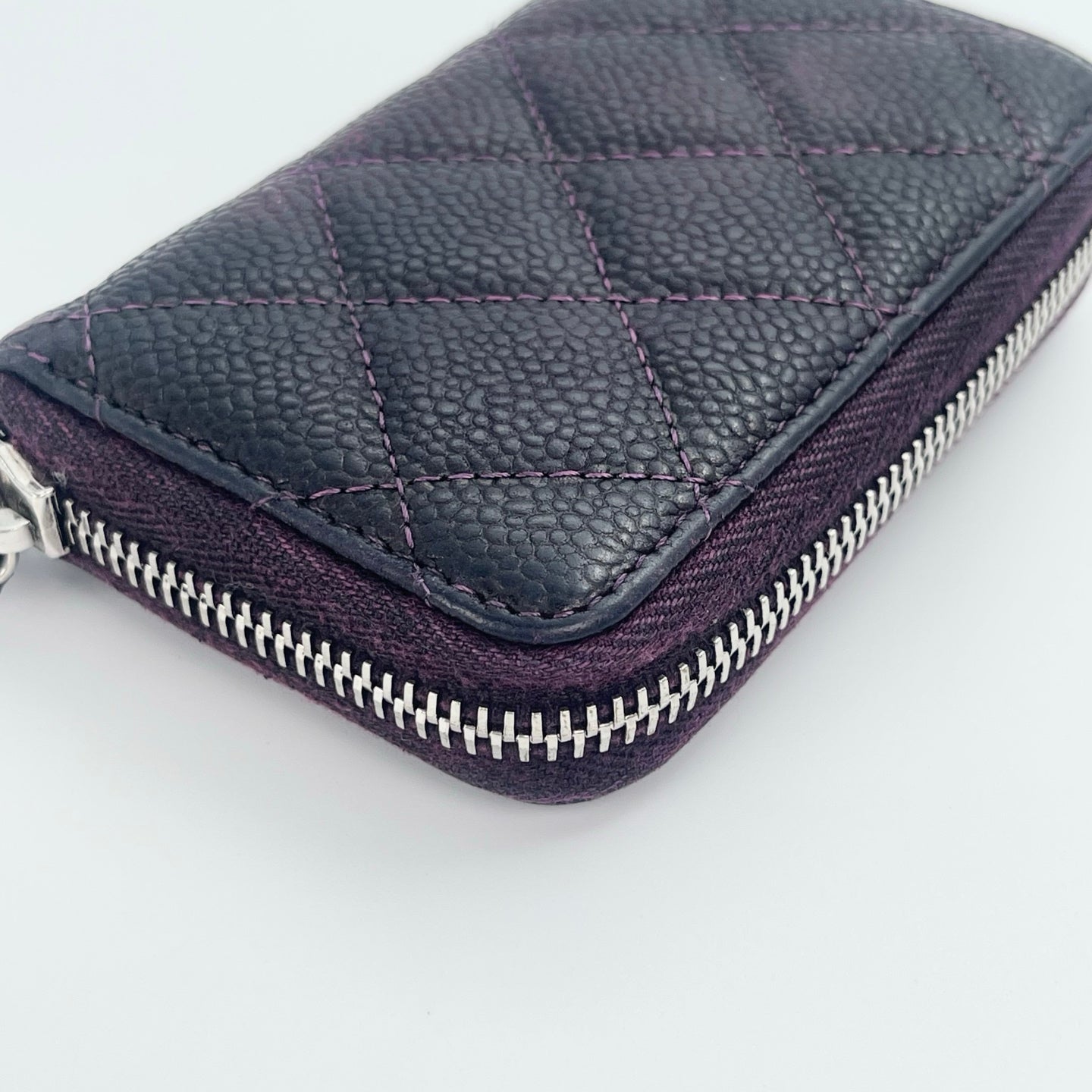 Chanel Distressed Calfskin Zipped Coin & Card Holder – Dark Purple / Silver-tone [Used]