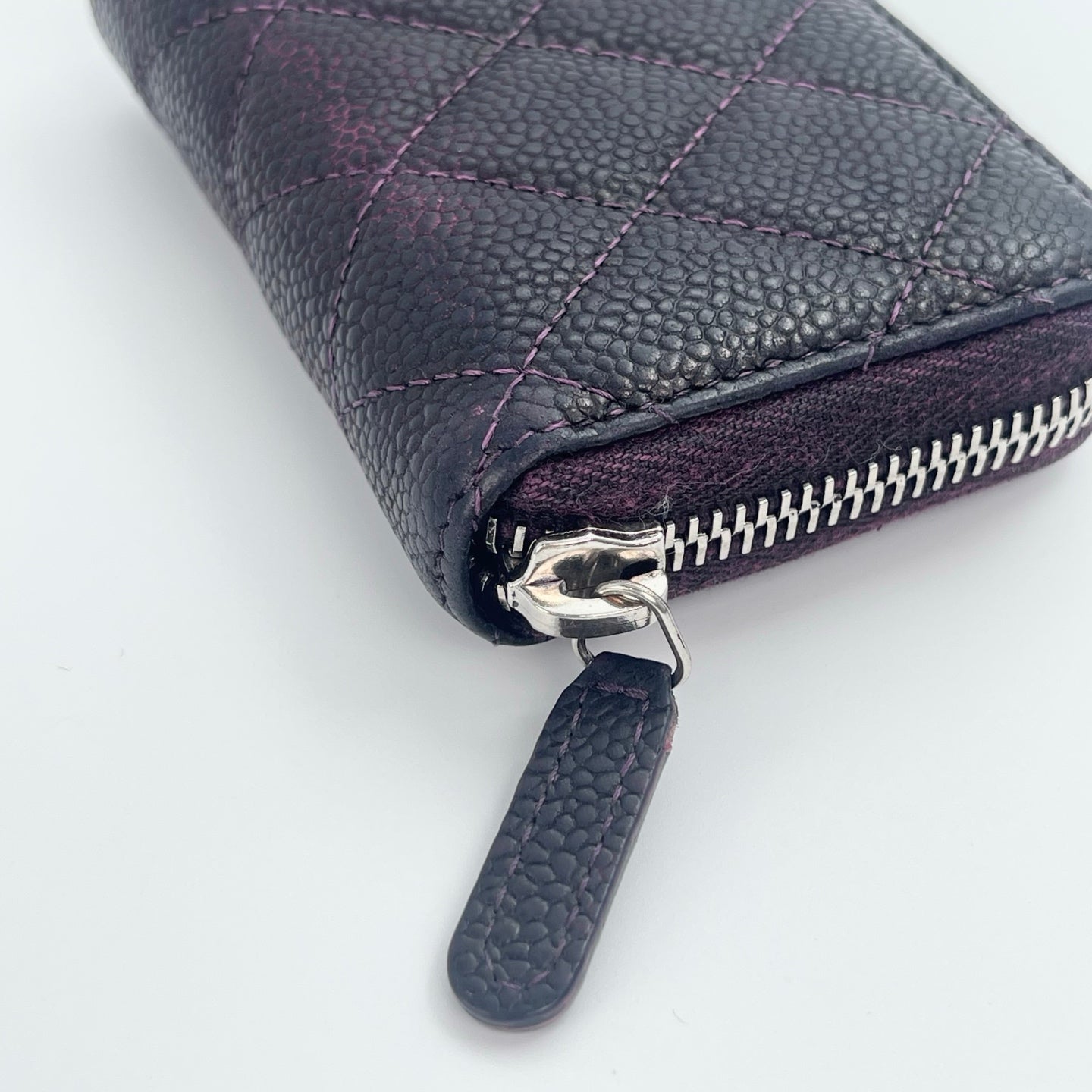 Chanel Distressed Calfskin Zipped Coin & Card Holder – Dark Purple / Silver-tone [Used]