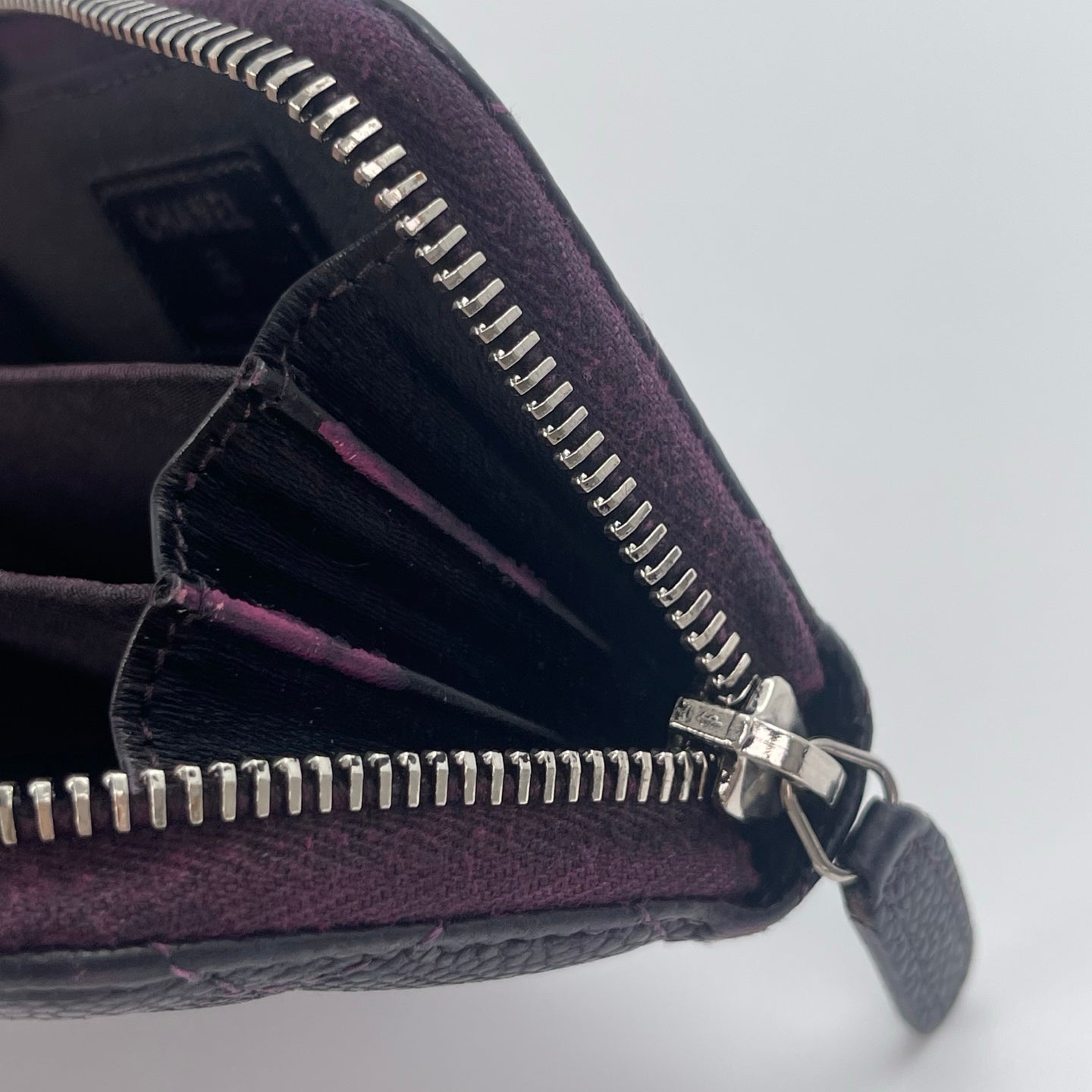 Chanel Distressed Calfskin Zipped Coin & Card Holder – Dark Purple / Silver-tone [Used]