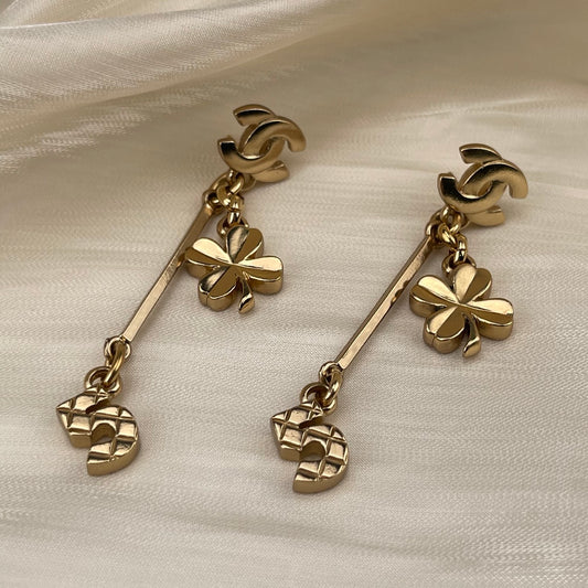 Chanel Clover & No.5 Dangle Earrings – Gold-tone [Used]