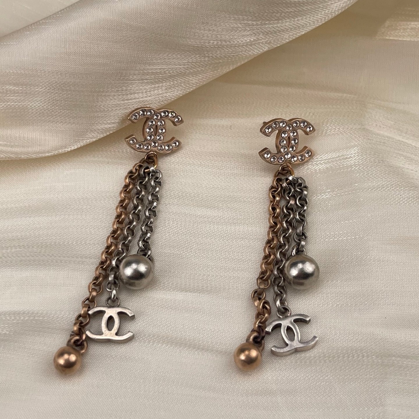 Chanel Two-Tone Crystal CC Dangle Earrings – Gold & Silver [Used]