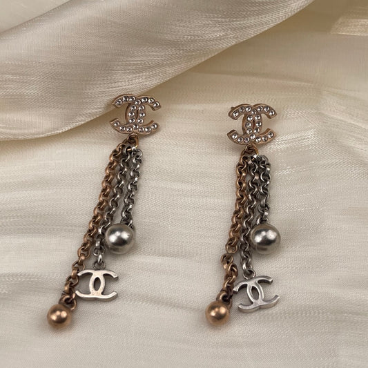 Chanel Two-Tone Crystal CC Dangle Earrings – Gold & Silver [Used]