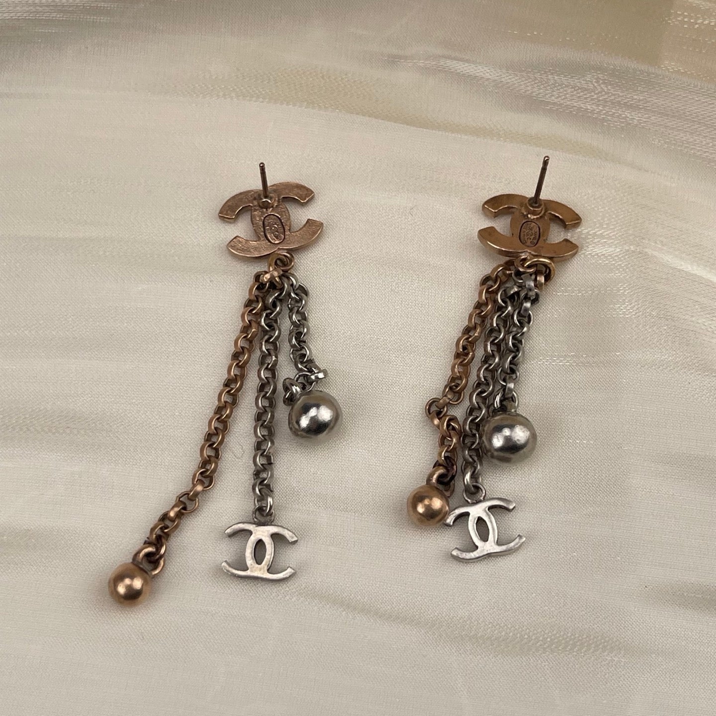 Chanel Two-Tone Crystal CC Dangle Earrings – Gold & Silver [Used]