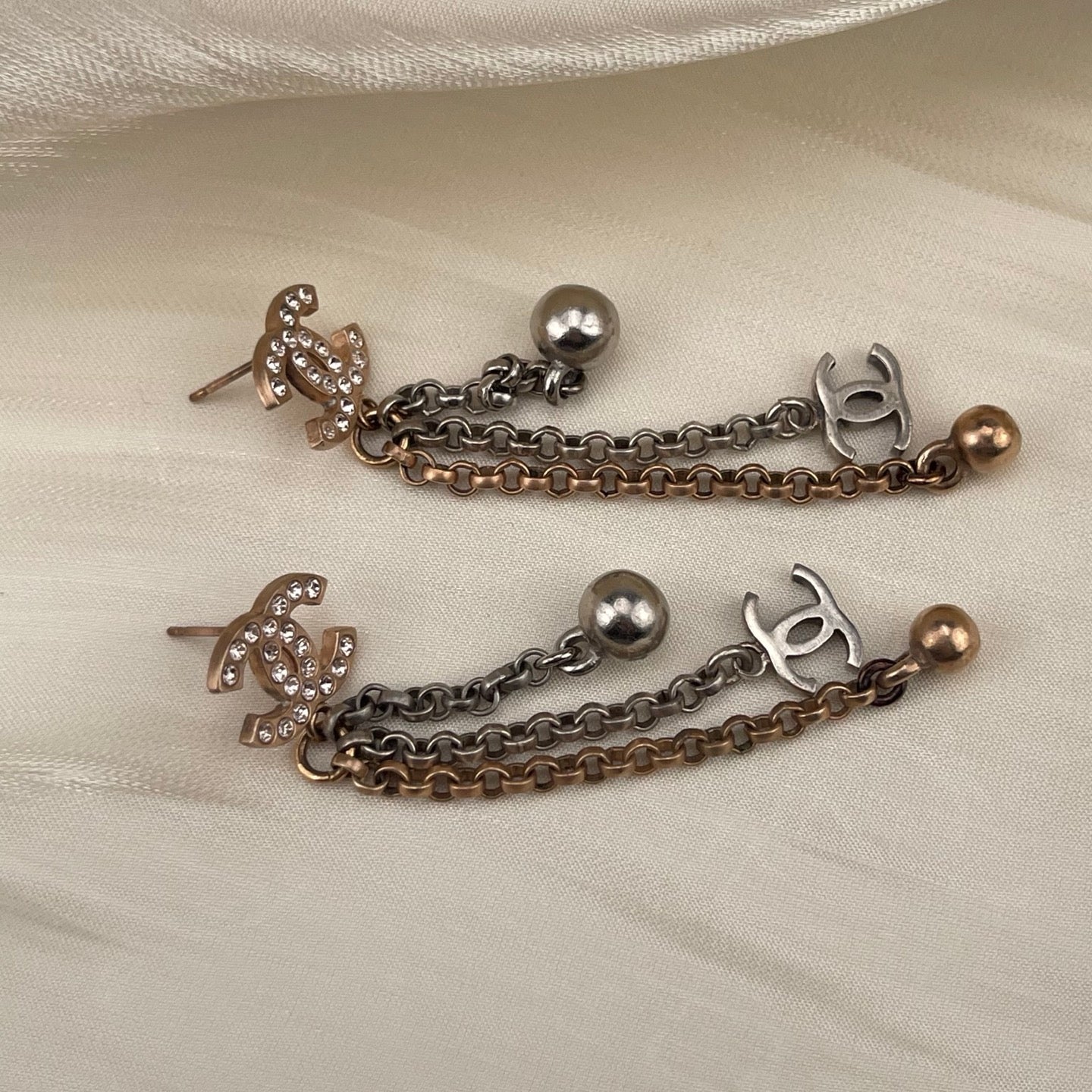 Chanel Two-Tone Crystal CC Dangle Earrings – Gold & Silver [Used]