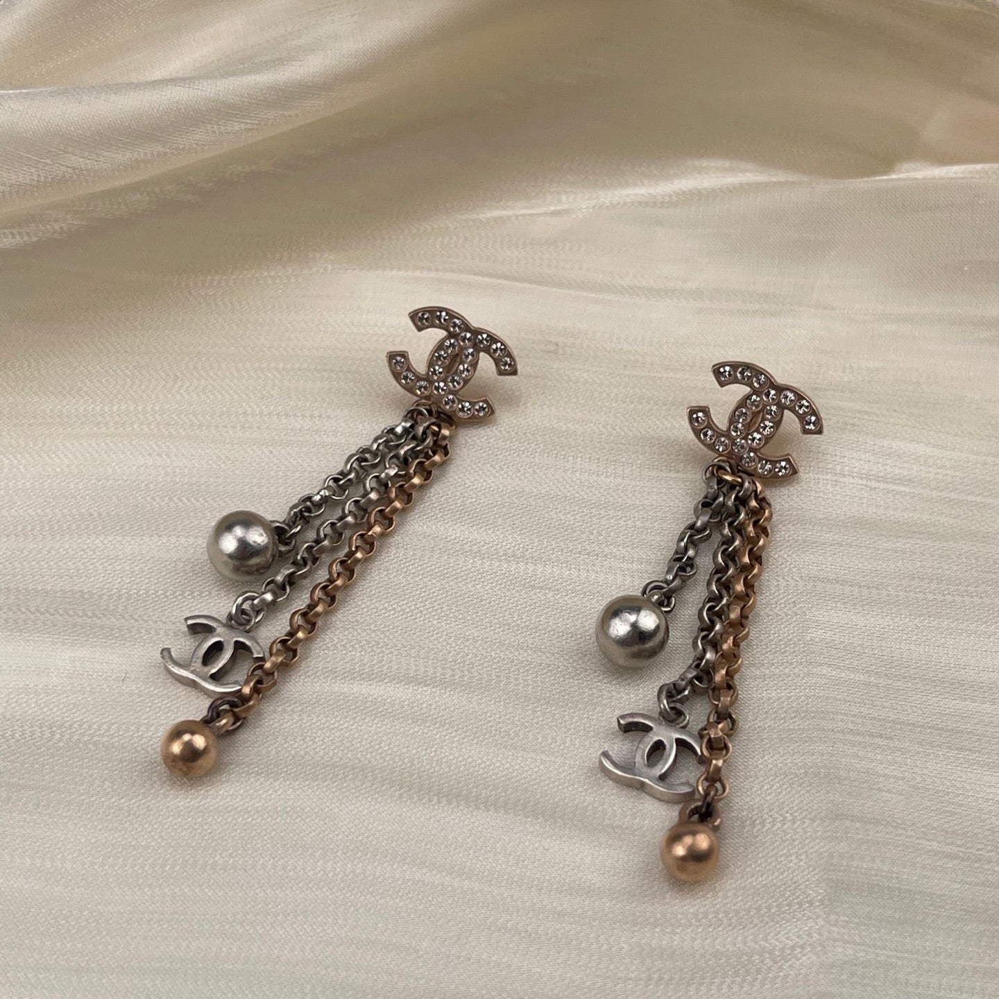 Chanel Two-Tone Crystal CC Dangle Earrings – Gold & Silver [Used]