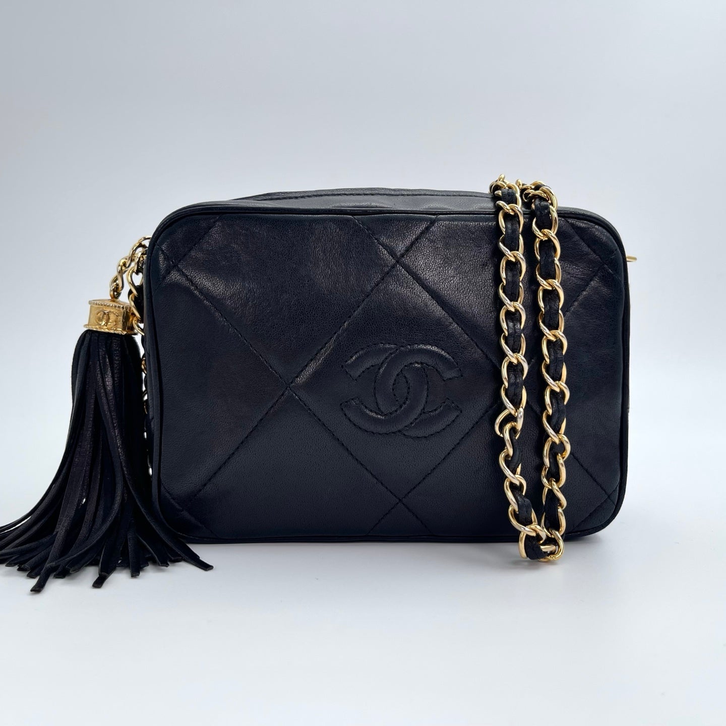 Chanel Black Lambskin Double-Sided CC Tassel Chain Camera Bag – Black/Gold [Used]