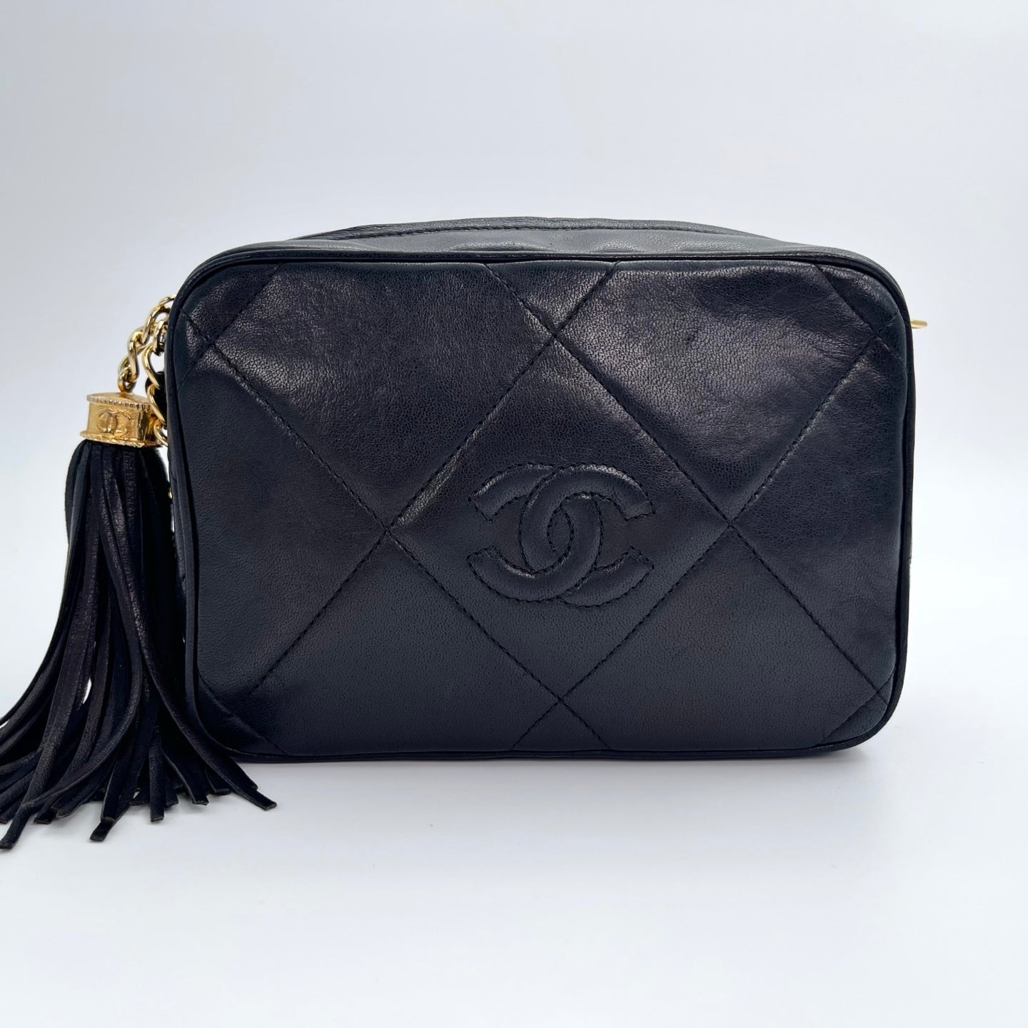 Chanel Black Lambskin Double-Sided CC Tassel Chain Camera Bag – Black/Gold [Used]