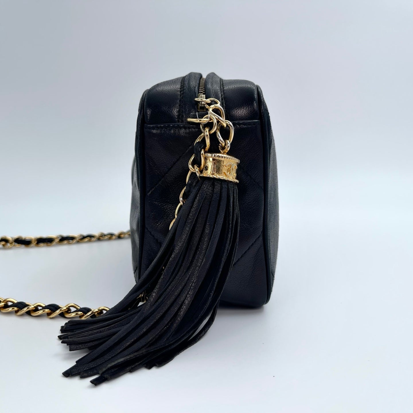 Chanel Black Lambskin Double-Sided CC Tassel Chain Camera Bag – Black/Gold [Used]