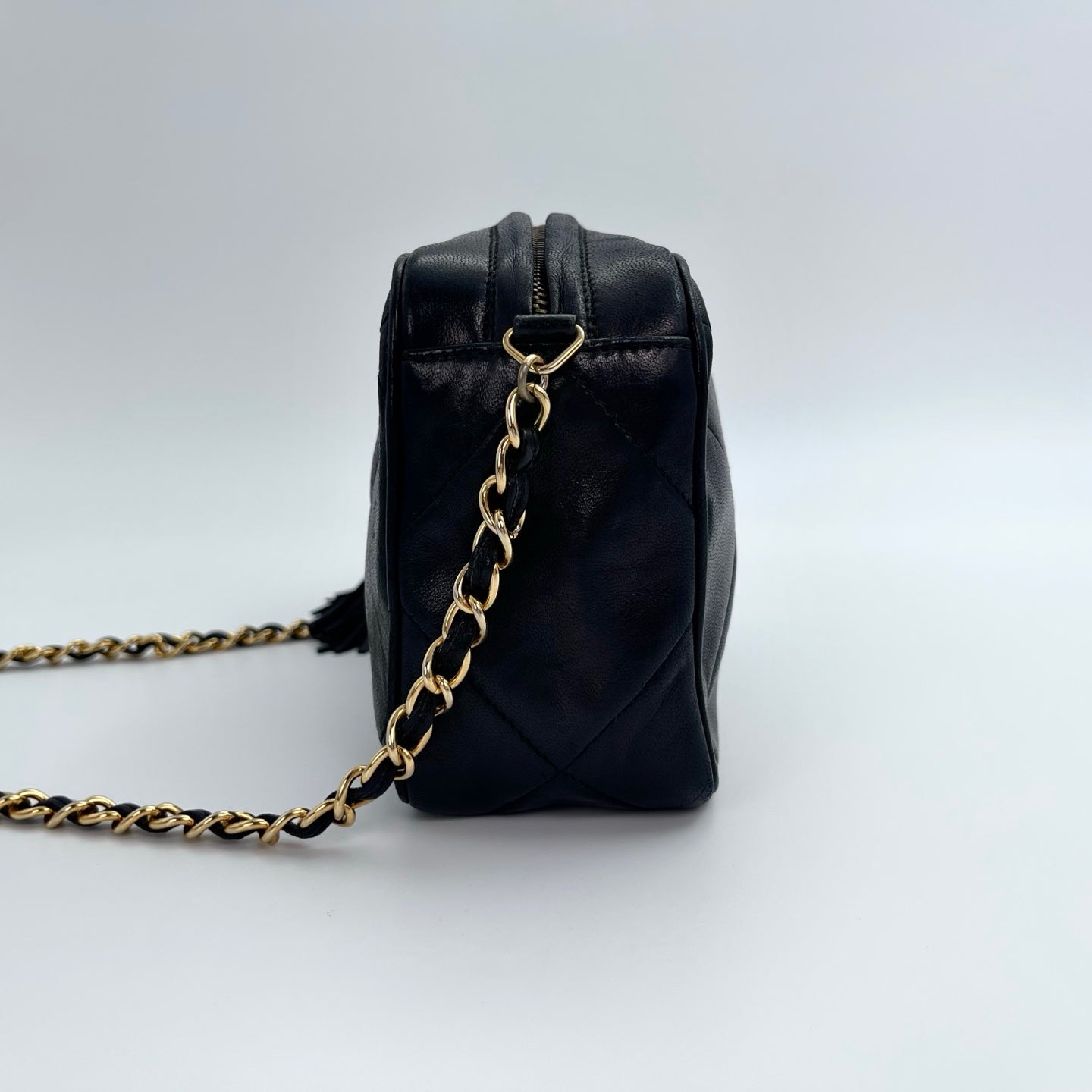 Chanel Black Lambskin Double-Sided CC Tassel Chain Camera Bag – Black/Gold [Used]