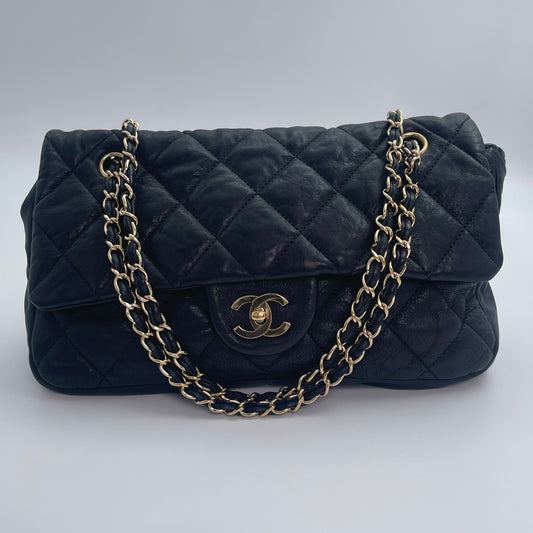 Chanel Black and Gold Lambskin Puffy Classic Flap Shoulder Bag – Black/Gold [Used]