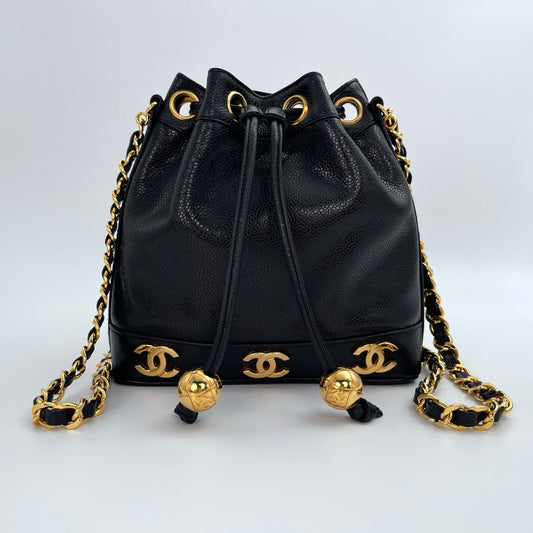 Chanel Black Caviar Leather Small Triple CC Bucket Bag – Black/Gold [Like New]