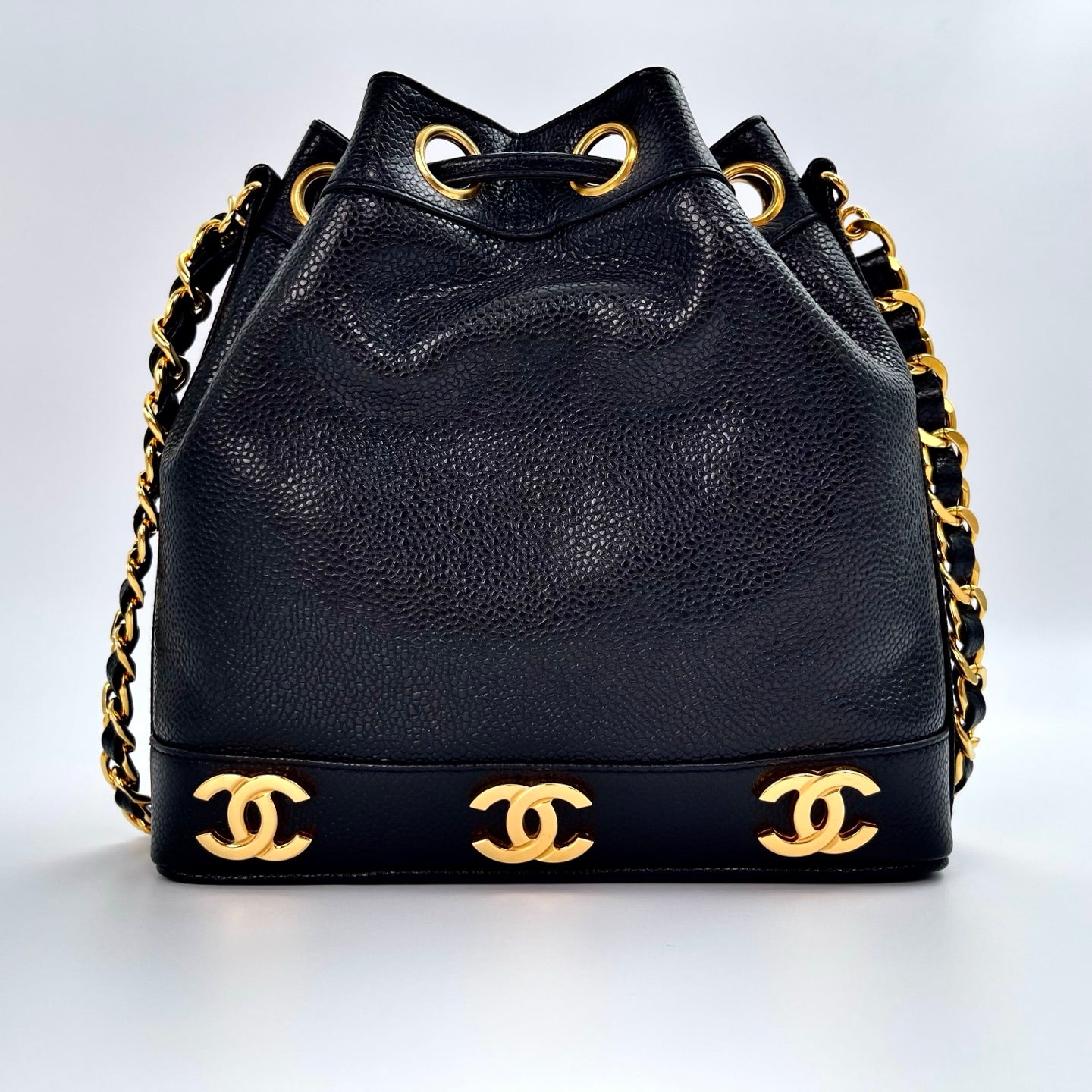 Chanel Black Caviar Leather Small Triple CC Bucket Bag – Black/Gold [Like New]
