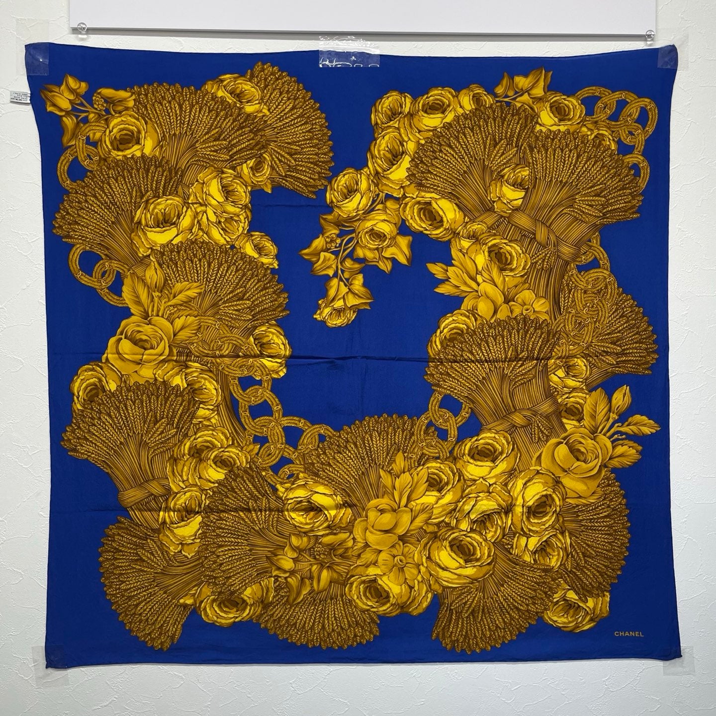 Chanel Royal Blue Silk Scarf with Gold Floral Bouquet Print 95×95 – Blue/Gold [Used]