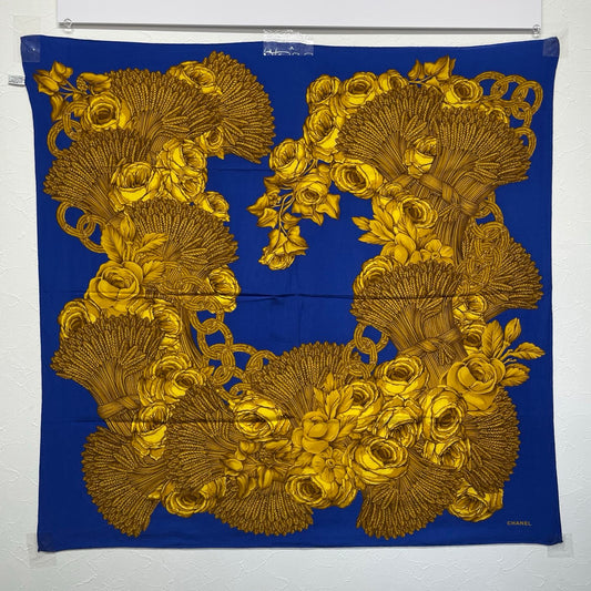 Chanel Royal Blue Silk Scarf with Gold Floral Bouquet Print 95×95 – Blue/Gold [Used]