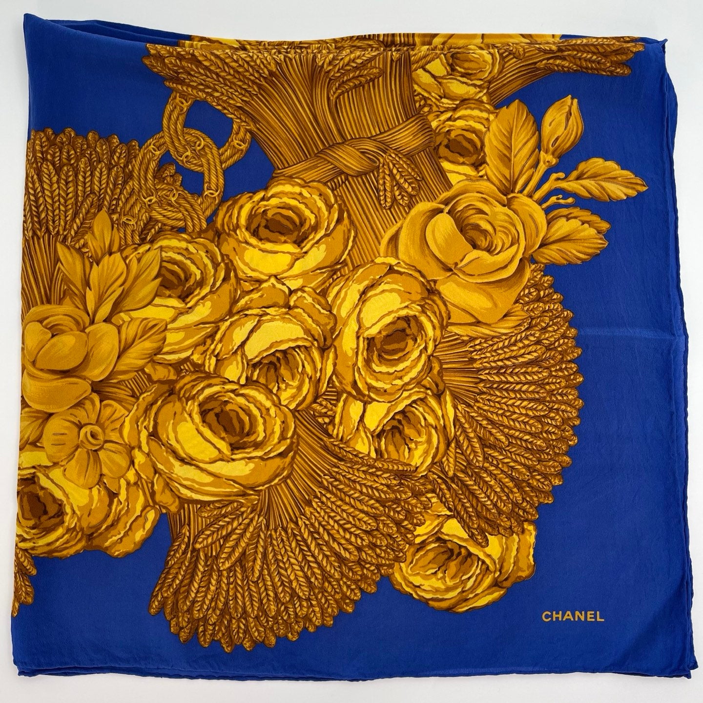 Chanel Royal Blue Silk Scarf with Gold Floral Bouquet Print 95×95 – Blue/Gold [Used]