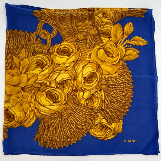 Chanel Royal Blue Silk Scarf with Gold Floral Bouquet Print 95×95 – Blue/Gold [Used]